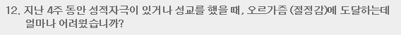 12. 지난 4주 동안 성적자극이 있거나 성교를 했을 때, 오르가즘(절정감)에 도달하는데 얼마나 어려웠습니까?