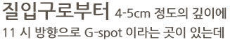 질입구로부터 4-5cm 정도의 깊이에 11 시 방향으로 G-spot 이라는 곳이 있는데 