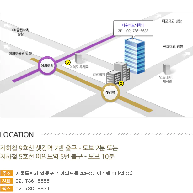 타워비뇨의학과 여의도점 위치정보 : 지하철9호선 샛강역 2번출구, 도보 2분 또는 지하철 5호선 여의도역 5번 출구, 도보 10분 / 주소 : 영등포구 여의도동 44-37 아일렉스타워3층 / 전화 02-786-6633 / 팩스 02-786-6631
